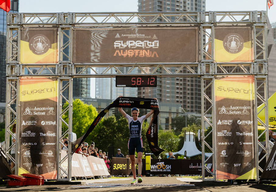 Gwen Jorgensen produced a blistering run in front of her watching family to come from sixth place out of T1 and take victory at the inaugural Supertri Pro Series race at Ascension Seton Supertri Austin.